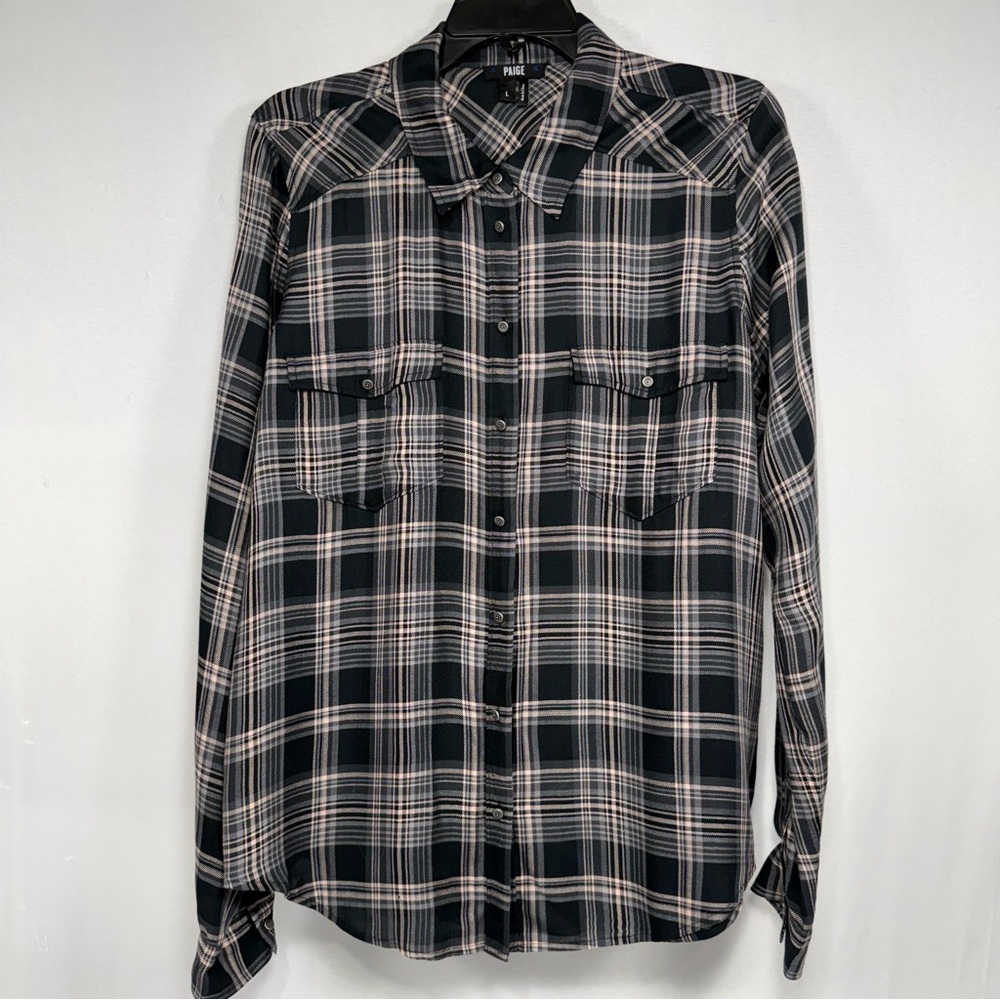 Plaid PAIGE Evening Sand Reeves Plaid Viscose Button Down Top L Large